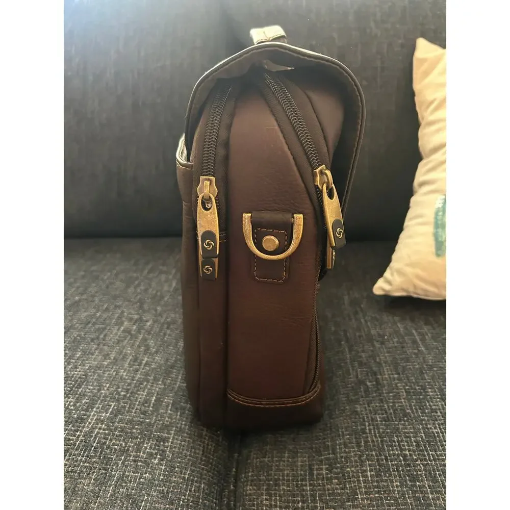 Samsonite Brown Leather Double Gusset Laptop Briefcase Messenger Bag 15.6”